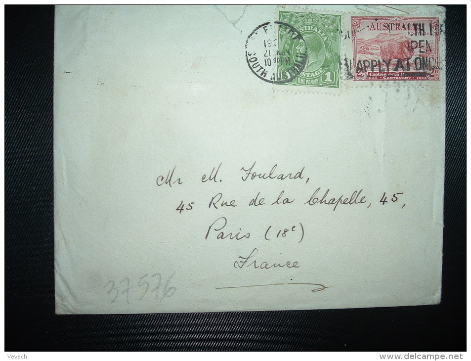 LETTRE Pour FRANCE TP 1P + 2D OBL.MEC. 1934 21 NOV ADELAIDE - Lettres & Documents