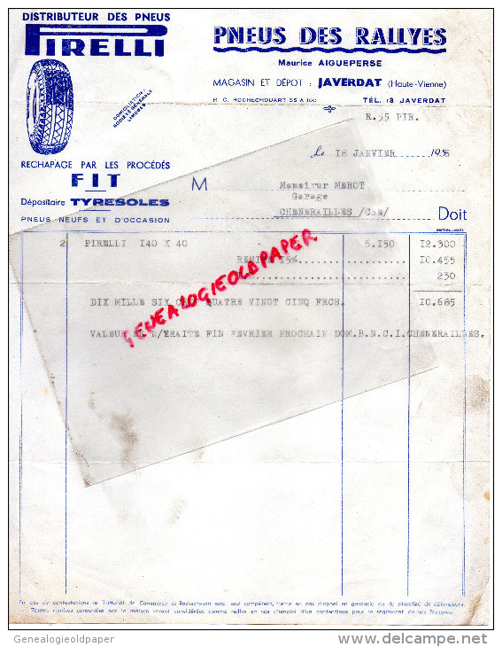 87 - JAVERDAT - FACTURE DISTRIBUTEUR PIRELLI- PNEUS DES RALLYES- MAURICE AIGUEPERSE - TYRESOLES- 1956 - 1950 - ...