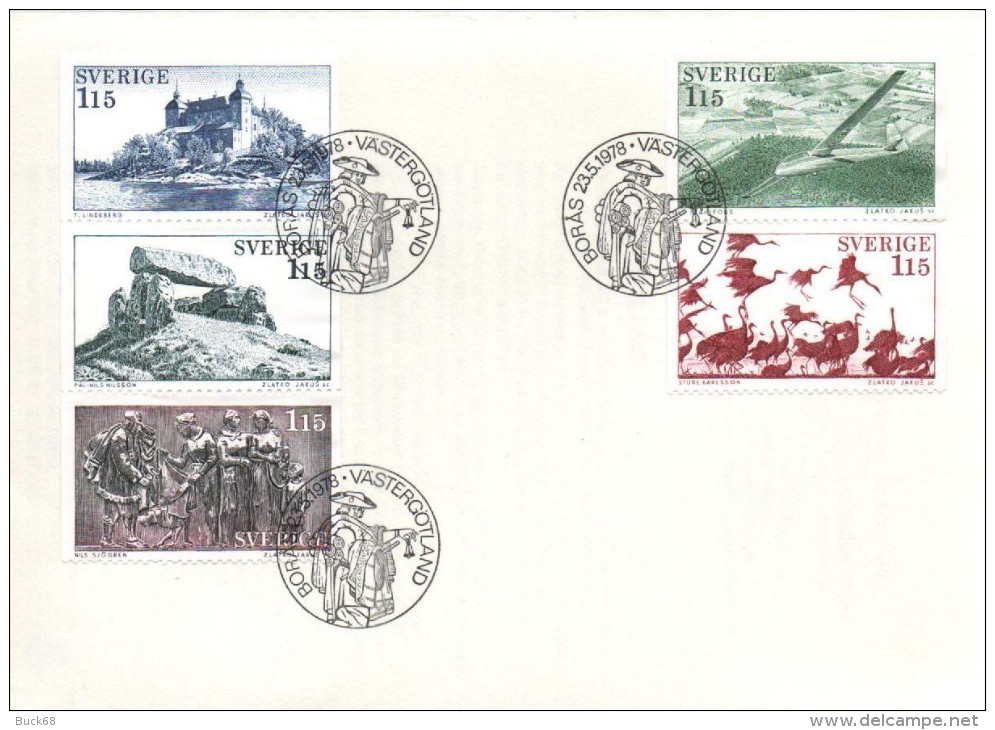 SUEDE SWEDEN SVERIGE 1011 à 1015 FDC 1er Jour : Västergötland Planeur Glider Dolmen Négoce Grue ... - FDC