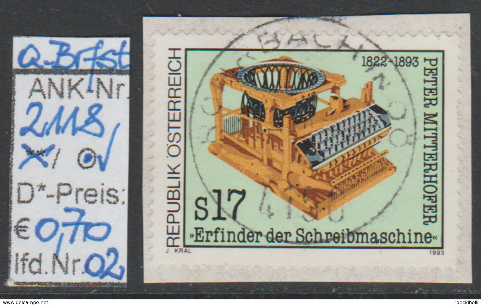 19.2.1993  -  SM  "100. Todestag V. Peter Mitterhofer"   -   O  Gestempelt  -  Siehe Scan  (2118o 01-02) - Gebraucht