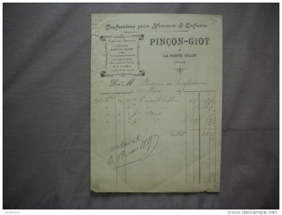 LA FERTE-MILON AISNE PINCON-GIOT CONFECTIONS POUR HOMME & ENFANTS NOUVEAUTES ROUENNERIES  FACTURE DU 11 MARS 1897 - Textile & Vestimentaire