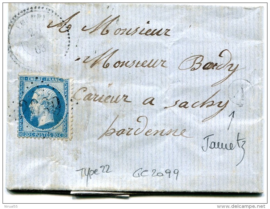 LOUPPY SUR LOISON Meuse CAD Type 22 Faible 23.9.1863 + GC 2099 Sur 20c Empire + Boîte Rurale A ( Jametz)      ...G - 1849-1876: Klassik
