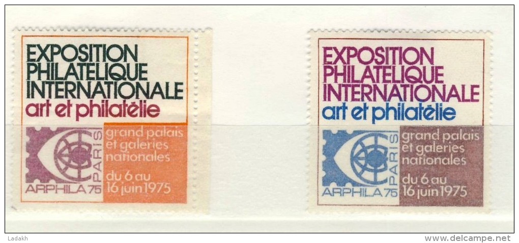 2 VIGNETTES * EXPOSITION PHILATELIQUE ART ET PHILATELIE  1975 # GRAND PALAIS PARIS # GALERIES NATIONALES # ARPHILA - Briefmarkenmessen