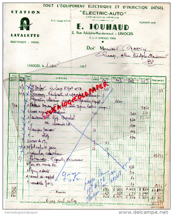 87 - LIMOGES - FACTURE  E. JOUHAUD - STATION LAVALETTE- ELECTRICITE AUTO- 2 RUE ADOLPHE MANDONNAUD-1958 - Automobile