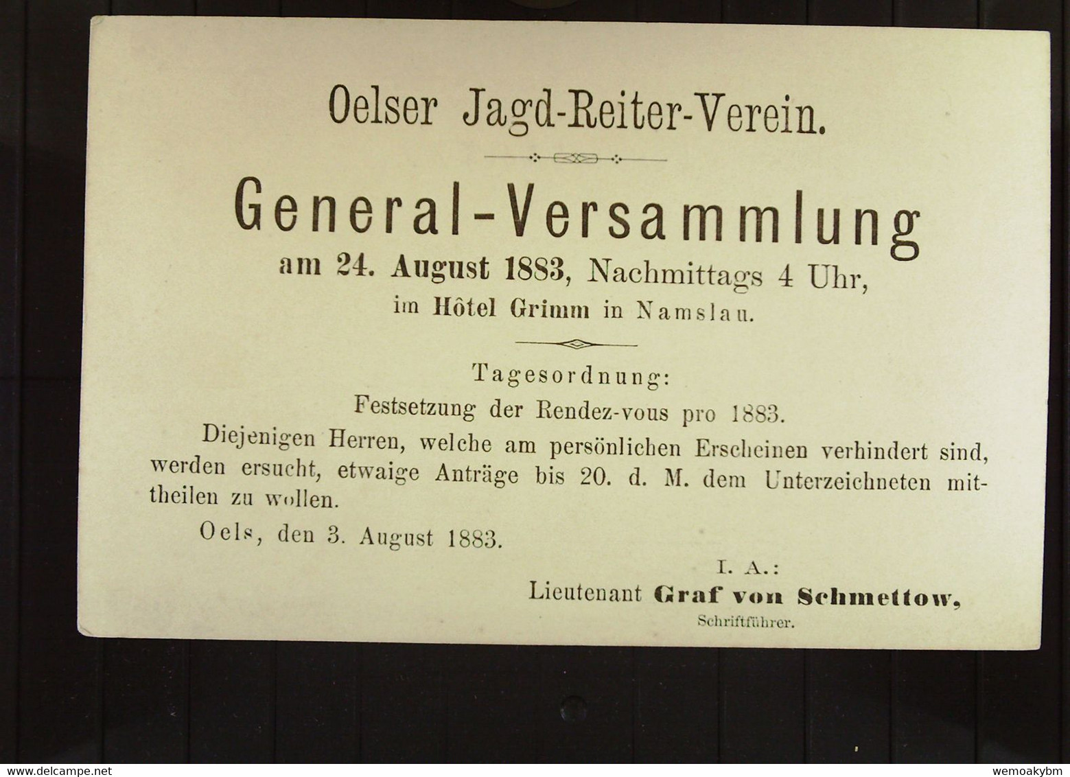 GS Karte Knr P(P)12/01, Mit 5 Pfg Ungebr. Rs. Zudruck "Oelser Jagd-Reiter-Verein Generalvers. Am 24.Aug.1883.." Dv 5 83 - Sonstige & Ohne Zuordnung