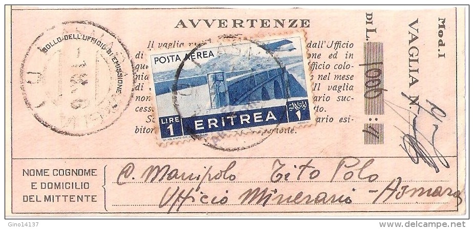 VAGLIA POSTALE Originale Del 1936 Spedito In Eritrea - Assegni & Assegni Di Viaggio