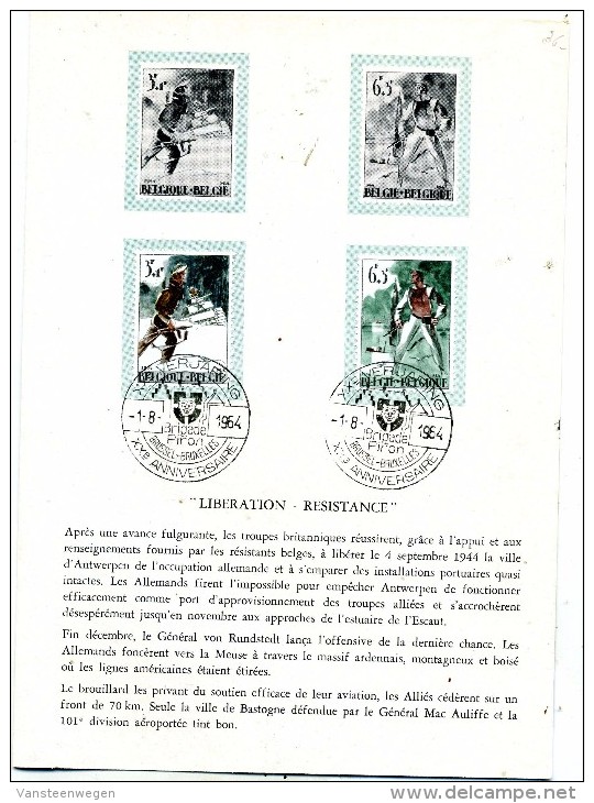 Belgique Document Postal "Résistance" COB 1296/97 1964 ° Bruxelles - Dépliants De La Poste