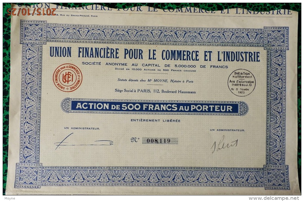 I Action   - Union Financiére Pour Le Commerce Et L'Industrie - Action De  500 FRANCS AU PORTEUR - 1929 - Industrie