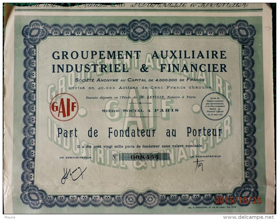 1 Action - Groupement Auxilliaire Industriel Et Financier - PART DE FONDATEUR AU PORTEUR - 1930 - Mines