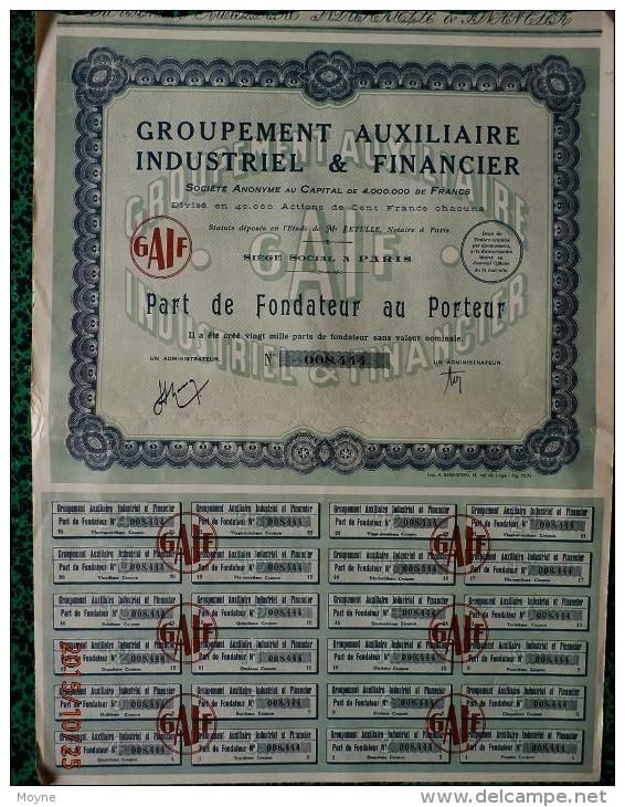 1 Action - Groupement Auxilliaire Industriel Et Financier - PART DE FONDATEUR AU PORTEUR - 1930 - Mines