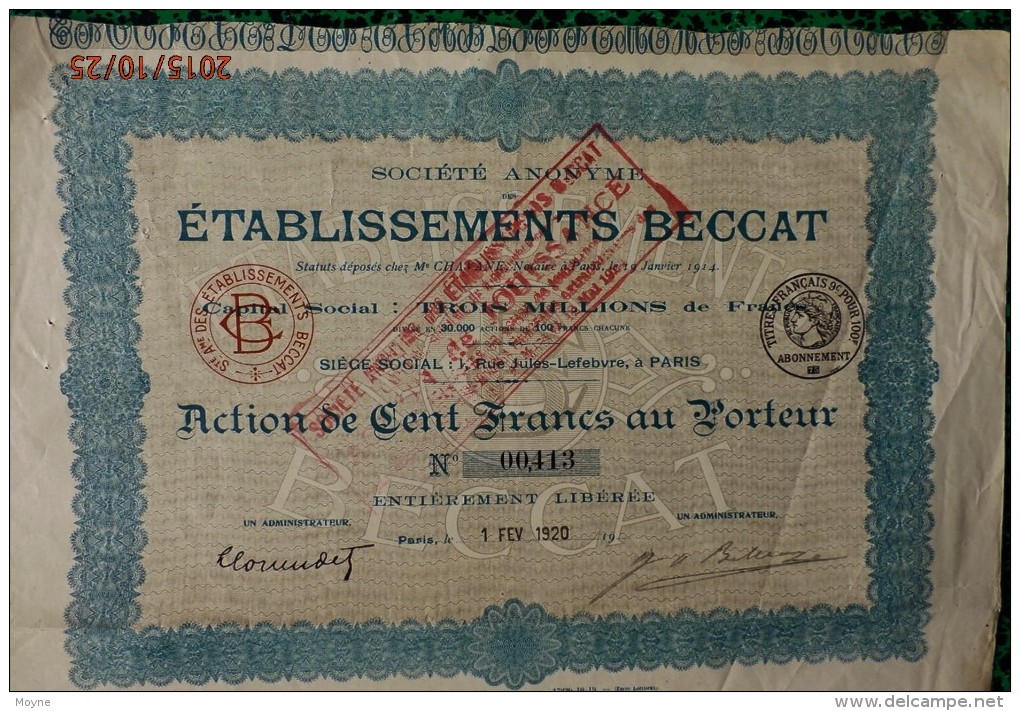 1 Action - ETABLISSEMENTS BECCAT - ACTION DE CENT FRANCS AU PORTEUR - 1920 - Mines