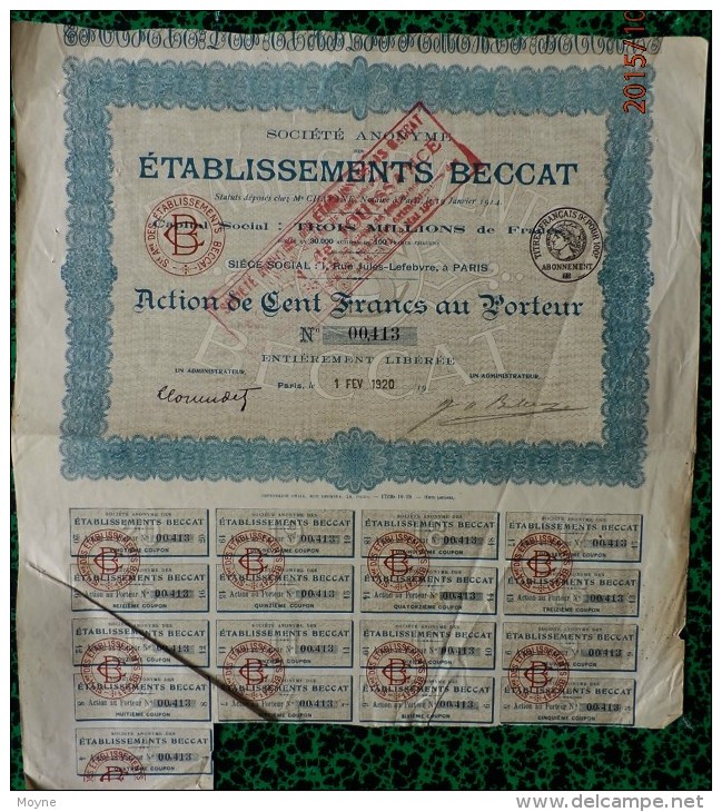 1 Action - ETABLISSEMENTS BECCAT - ACTION DE CENT FRANCS AU PORTEUR - 1920 - Mines