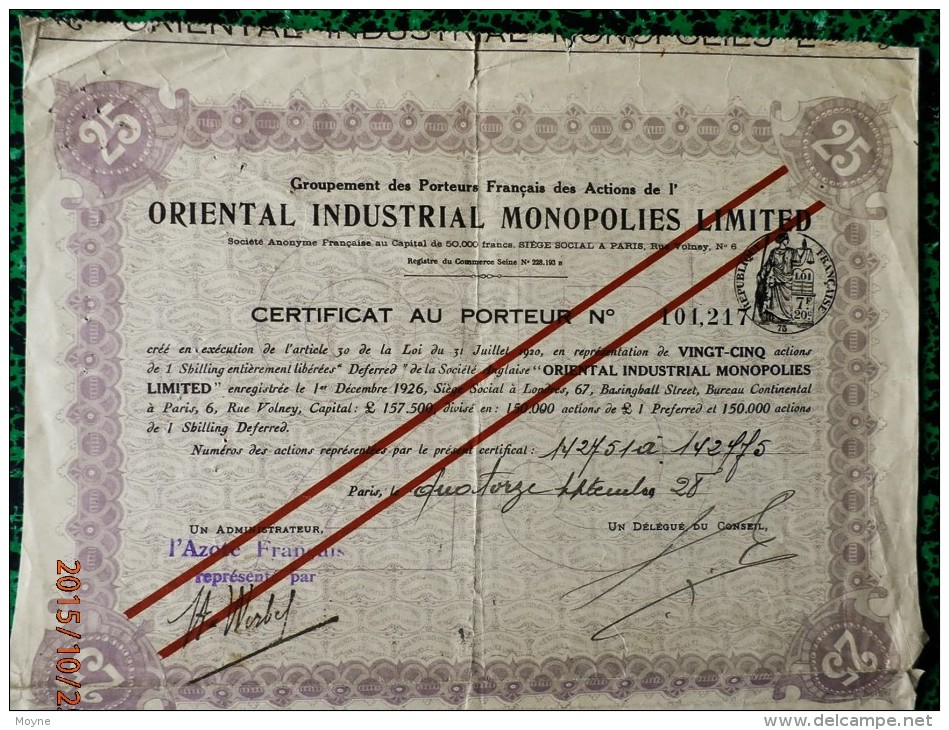 1 Certificat  - ORIENTAL INDUSTRIAL MONOPOLIES LIMITED -  CERTIFICAT AU PORTEUR  De 25 ACTIONS - 1928 - Bergbau