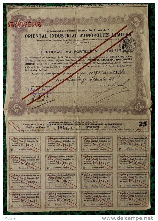 1 Certificat  - ORIENTAL INDUSTRIAL MONOPOLIES LIMITED -  CERTIFICAT AU PORTEUR  De 25 ACTIONS - 1928 - Mines