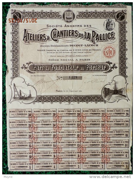 1 ACTION   -  ATELIERS & CHANTIERS DE LA PALISSE - PART DE FONDATEUR AU PORTEUR   - 1921 - Navigation