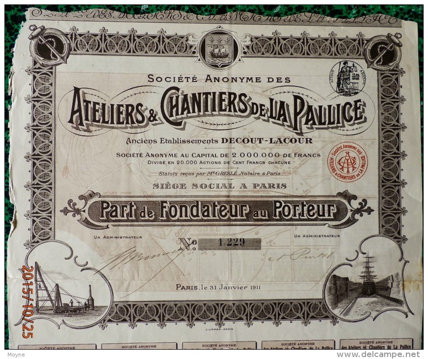 1 ACTION   -  ATELIERS & CHANTIERS DE LA PALISSE - PART DE FONDATEUR AU PORTEUR   - 1921 - Navigation