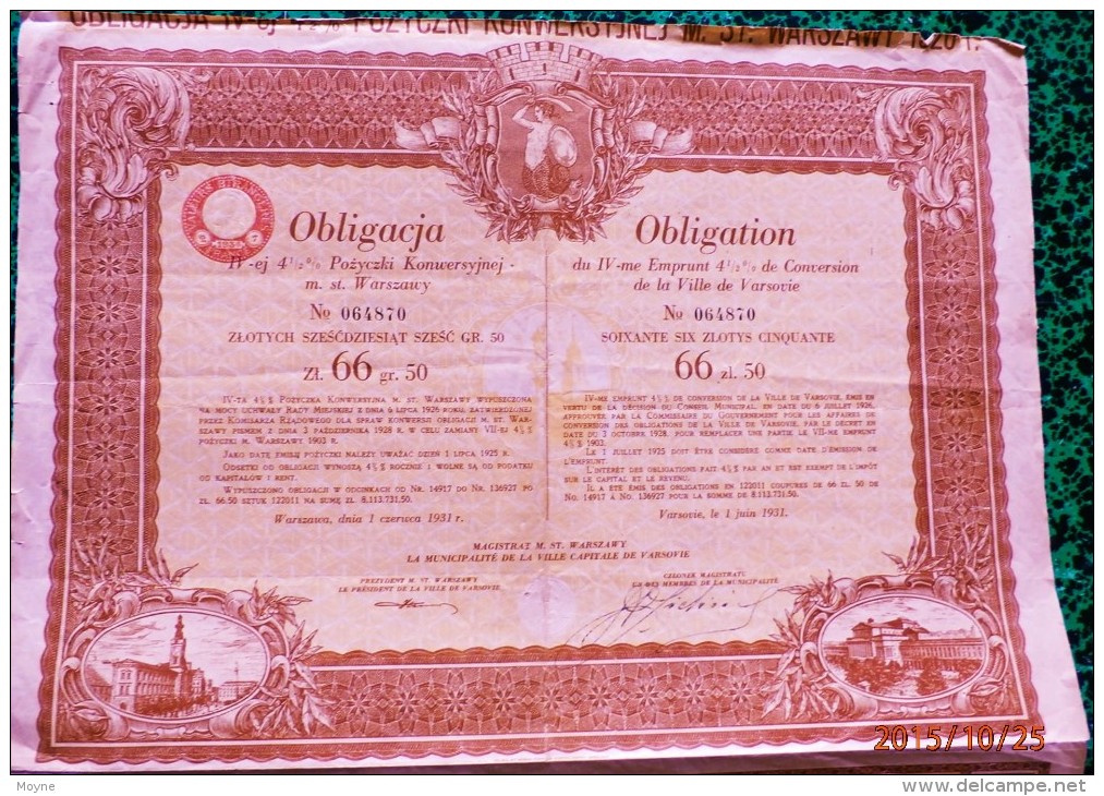 1 ACTION - OBLIGATION  Du 4 éme EMPRUNT De CONVERSION DE LA VILLE DE VARSOVIE 66 ZLOTYS CINQUANTE  1931 - Navigation