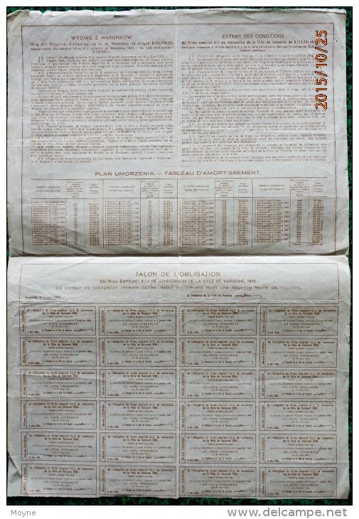 1 ACTION - OBLIGATION  Du 4 éme EMPRUNT De CONVERSION DE LA VILLE DE VARSOVIE 66 ZLOTYS CINQUANTE  1931 - Navigation