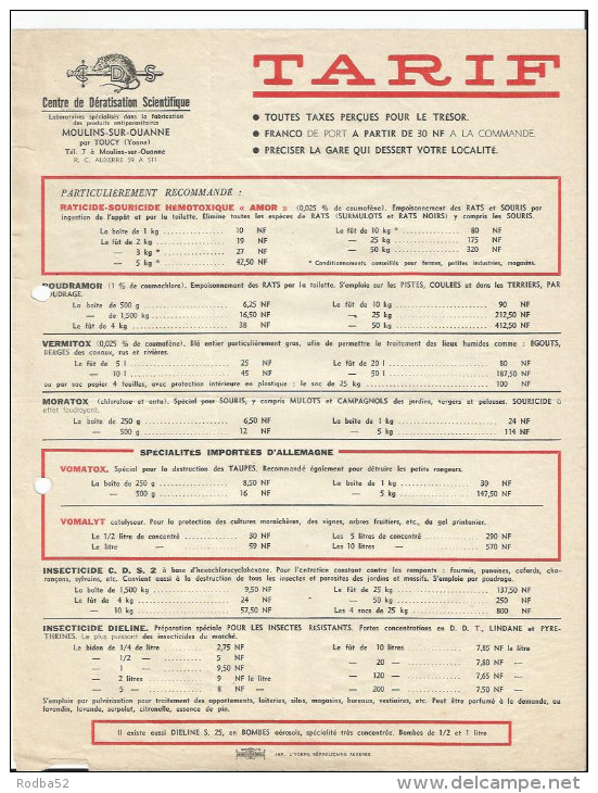 Vieux Paier - Tarif - Centre De Dératisation Scientifique - Moulins Sur Ouanne Par Toucy Publicité - Pub -  - Yonne 89 - - Pubblicitari