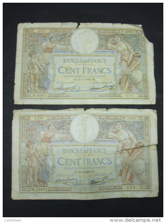 2 BILLET Billets Banque De France 100F Francs MERSON 15-3-1934 B43851 (n° 001) Et 28-4-1938 W58851 (n° 358) - 100 F 1908-1939 ''Luc Olivier Merson''