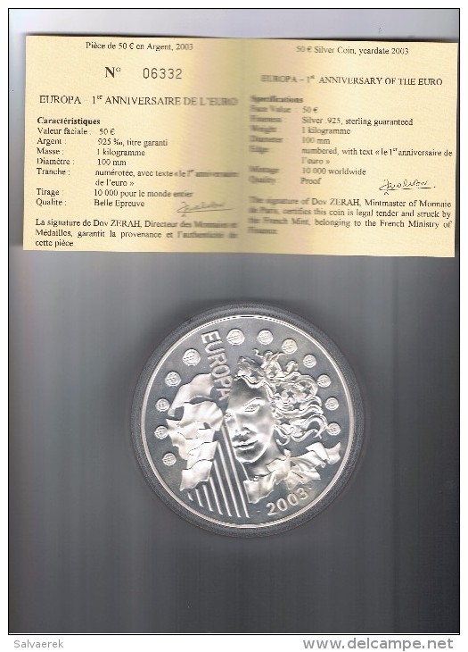 FRANCIA FRANCE 50 EUROS  EUROPA ANIVERSARIO DEL EURO KILOGRAMO 2003 PLATA SILVER - Afghanistan