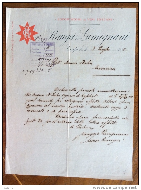 EMPOLI 1905 ESPORTAZIONE DI VINI TOSCANI RAUGEI & GIMIGNANI  - LETTERA PUBBLICITARIA  CON FIRMA AUTOGRAFA - Italia