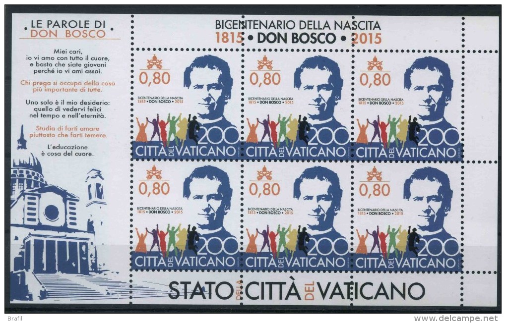 2015 Vaticano, Bicentenario Nascita Don Bosco Minifoglio , Serie Completa Nuova (**) - Blocchi E Foglietti