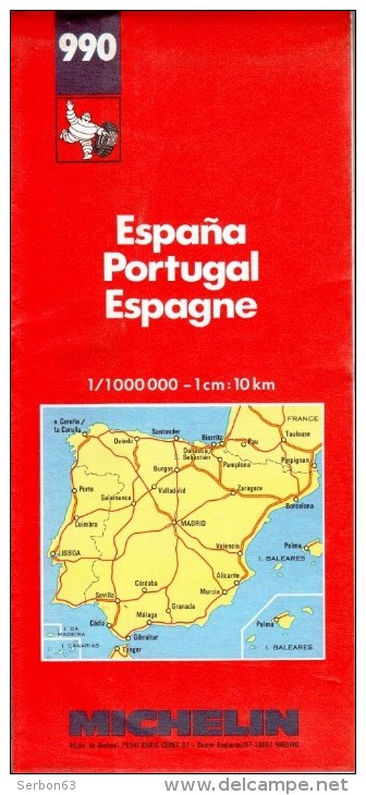 CARTE MICHELIN PNEUMATIQUES N° 990 SOLDE LIBRAIRIE 1988 ESPANA PORTUGAL ESPAGNE SPAIN - Cartes/Atlas