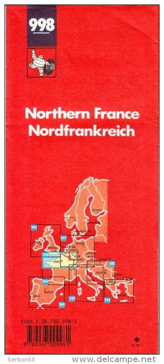 CARTE MICHELIN PNEUMATIQUES N° 998 NEUVE SOLDE LIBRAIRIE 1987 FRANCE NORD FRANCIA NORD NORTHERN FRANCE NORDFRANKREICH - Kaarten & Atlas