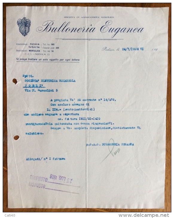 PADOVA 1928 BULLONERIA EUGANEA - ANTICA LETTERA CON TIMBRO E FIRME - Italia