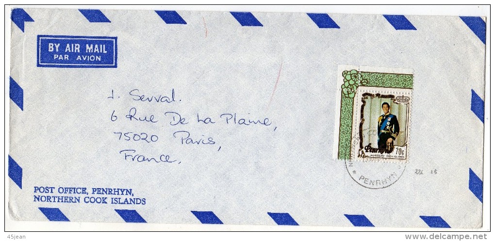 Penrhyn: 1981  Lettre Voyagé Vers La France Timbres Mariage Du Prince De Galles Prince - Penrhyn