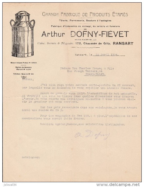 Belgique Lettre Commerciale 35/4/1934 Arthur DOFNY FIEVET Pot à Lait Tolerie Ferronnerie étamage Ransart Pour St Vaast - 1900 – 1949