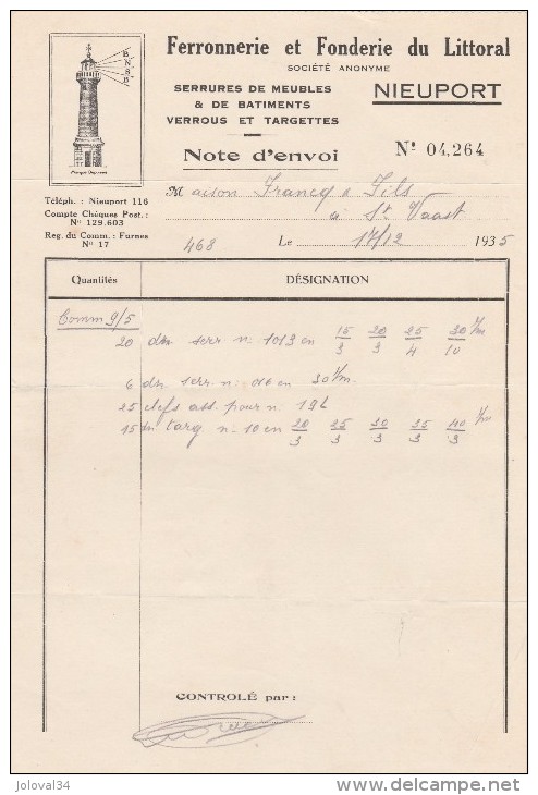 Belgique Note Envoi 17/12/1935 Ferronnerie Et Fonderie Du Littoral Serrures NIEUPORT Pour Saint Vaast - 1900 – 1949