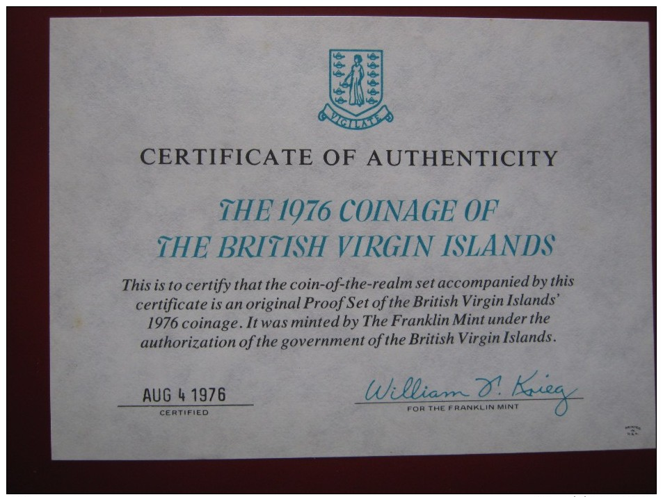 British Virgin Islands 1976 Proof Set With Silver Dollar Cased + COA Franklin Mint - Iles Vièrges Britanniques