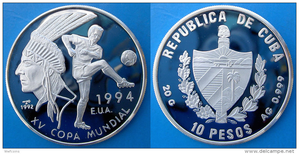 CUBA 10 P 1992 ARGENTO PROOF SILVER INDIAN USA 94 WORLD CUP FOOTBALL COUPE MUNDIAL SOCCER PESO 20g TITOLO 0,999 CONSERVA - Cuba