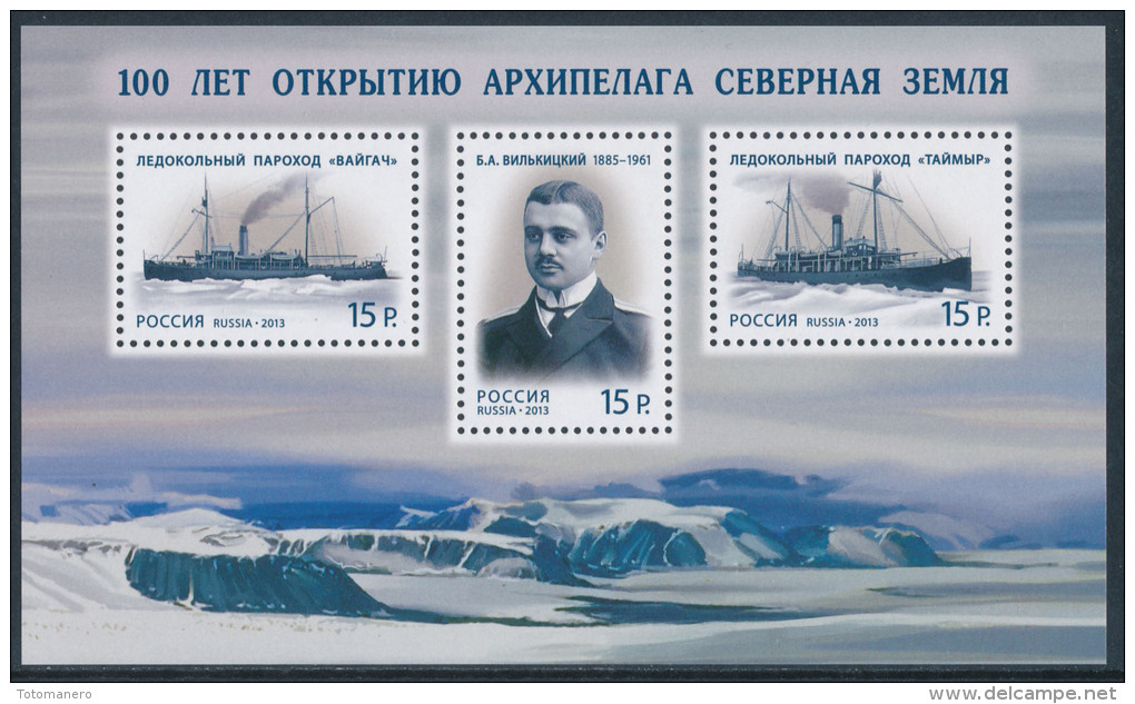 RUSSIA/URSS 2013, The 100th Anniversary Of The Discovery Of The Severnaya Zemlya Archipelago, Minisheet** - Navi Polari E Rompighiaccio