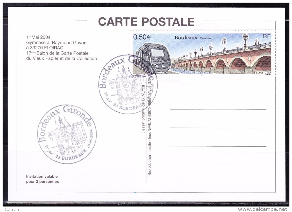 =CP 1er Jour Tramway De Bordeaux 24.4.04 Illustration Le Tramway Invitation Au Salon Carte Postale De Floirac 1 Mai 2004 - Tramways