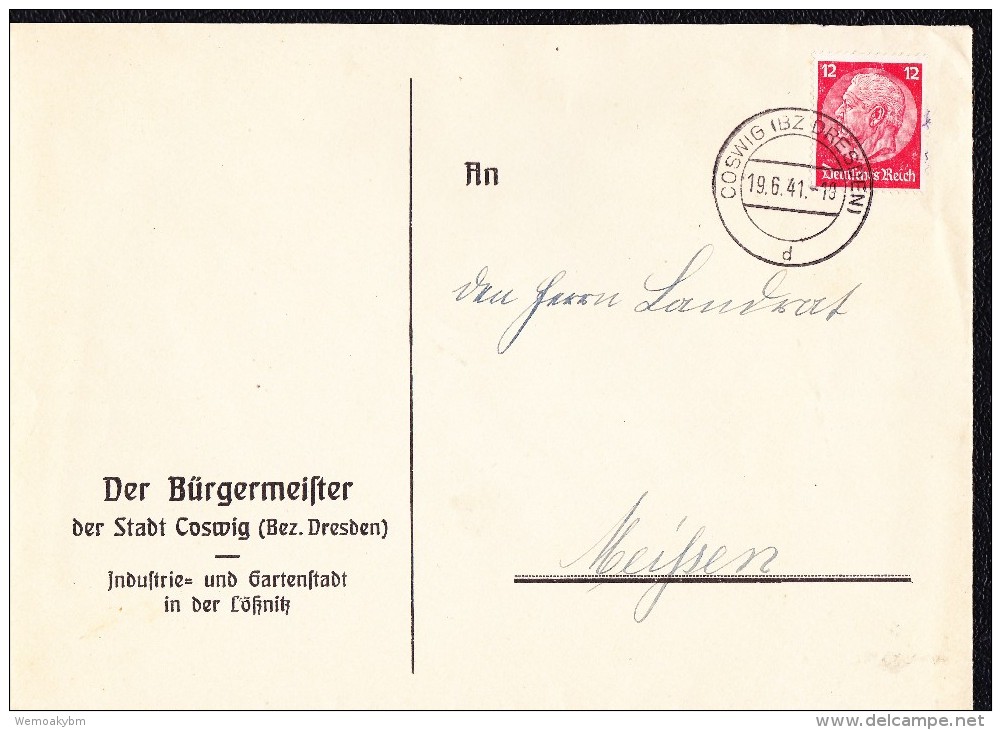 DR 33 Bis 45: Fern-Brief Mit 12 Pfg Hindenburg Vom 19.6.41 OSt. Coswig, Bürgermeisterbrief, Knr: 519 - Briefe U. Dokumente