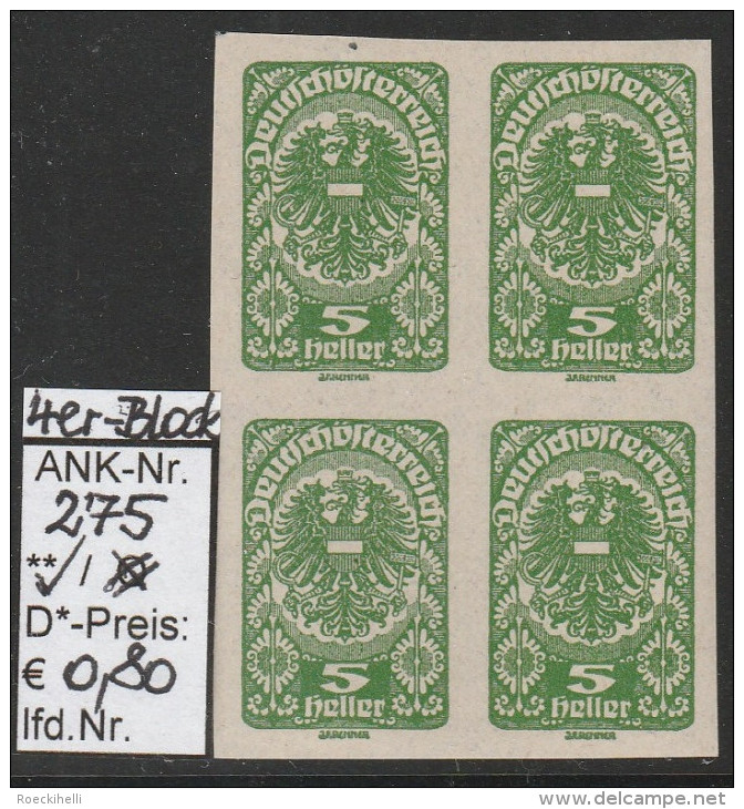 1919 -  FM/DM "Posthorn, Wappen, Allegorie" - 4er Block ** Postfrisch (geschnitten) -  Siehe Scan (275 X4  At) - Ungebraucht