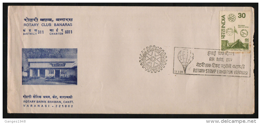 India  1980  Rotary Club  District 311 Banaras  Ballon  Air Mail Day   Special Cover  # 87197  Inde Indien - Rotary, Lions Club