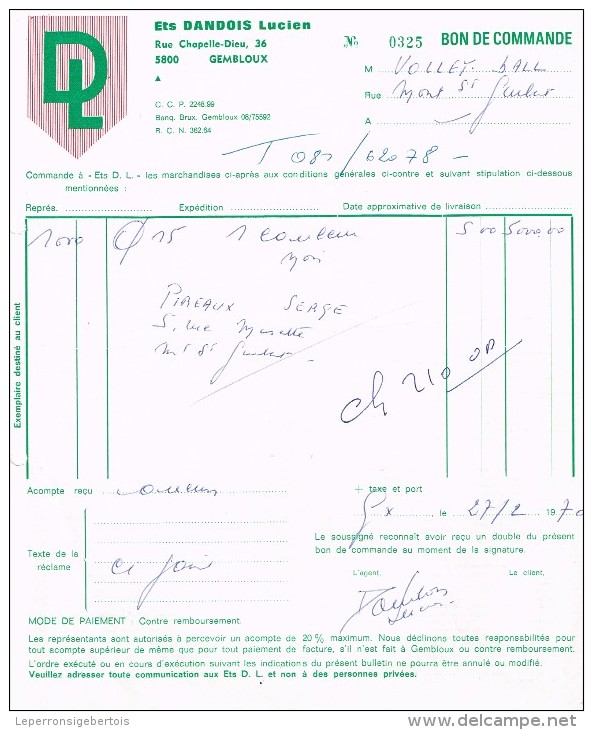 Mont-Saint-Guibert - Bon De Commande Ets Lucien Dandois Gembloux De1970 - Drukkerij & Papieren