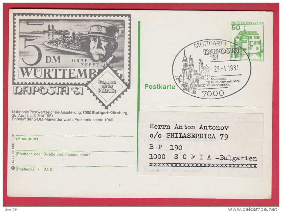 188812 / 1981 - 50 Pf. - STUTTGART 1 , GRAF ZEPPELIN , NAPOSTA ' 81 , Stationery Entier Ganzsachen Germany Deutschland - Cartes Postales Illustrées - Oblitérées