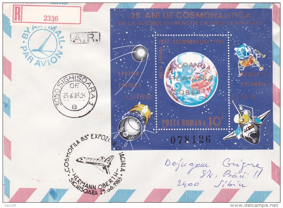 SPACE HERMANN OBERTH 1983  COVER  REGISTERED  ROMANIA. - Briefe U. Dokumente