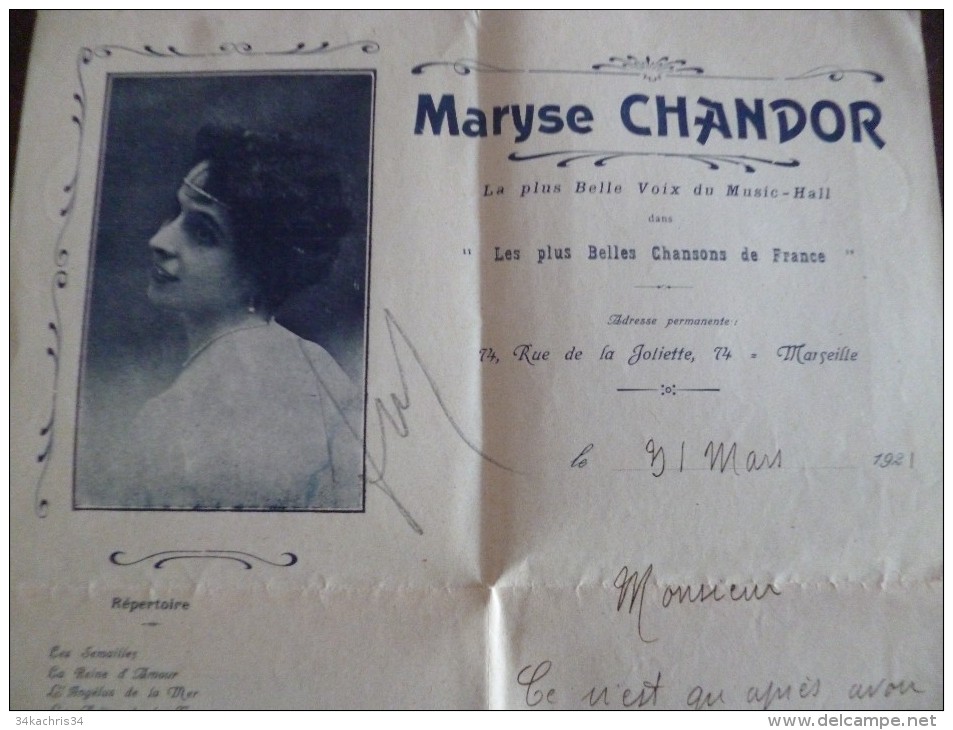 Sur Belle Lettre à En Tête LAS Autographe Maryse Chandor Artiste Music Hall 1921 Marseille Demande De Recommandation - Otros & Sin Clasificación