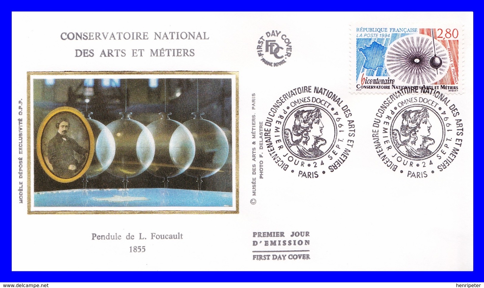 2904 (Yvert) Sur FDC Soie - Bicentenaire Du Conservatoire National Des Arts Et Métiers Pendule De Foucault - France 1994 - 1990-1999