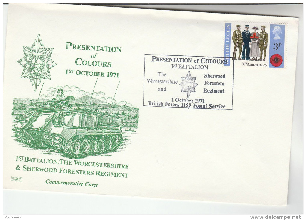 1971 1st Btn WORCESTERHIRE & SHEWROOD FORESTERS - PRESENTATION Of COLOURS COVER  Illus ARMOURED VEHICLE Gb Stamps Forces - Militaria