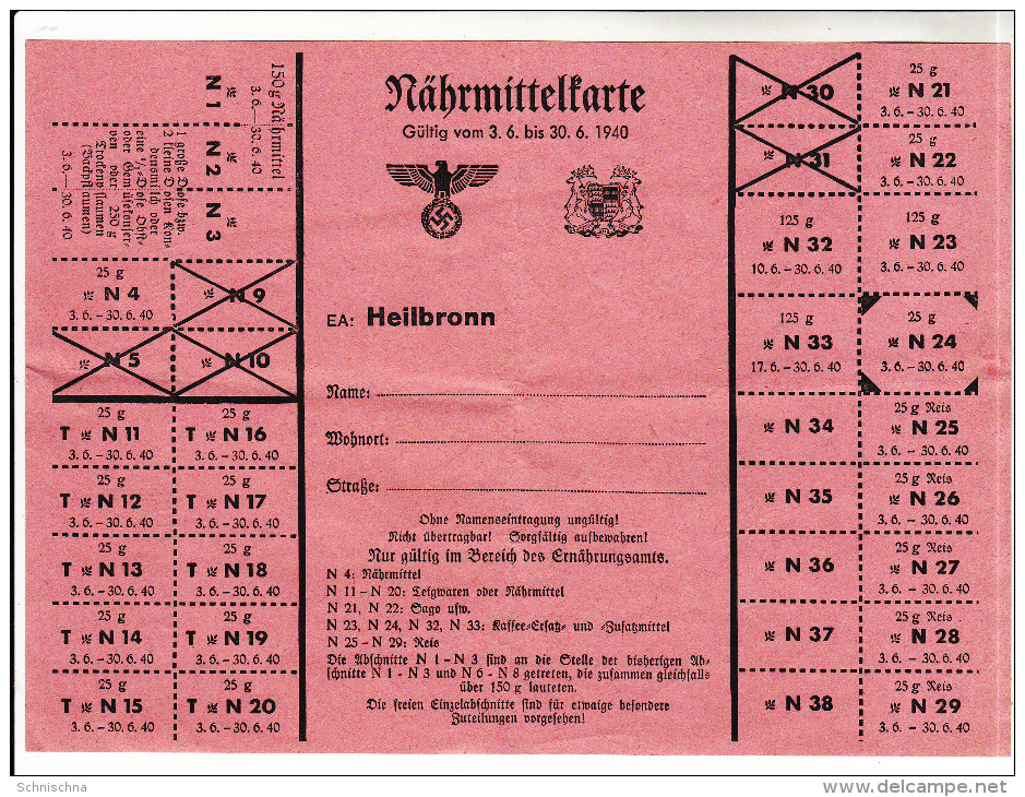 Nährmittelkarte, EA Heilbronn, Unbenutzt, 1940, Rückseite Beschrieben - Historische Dokumente