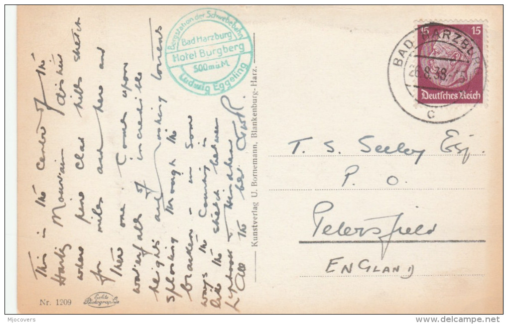 1938 GERMANY Stamps COVER HOTEL BURGBERG Cachet Bad Harzburg Postcard To GB - Covers & Documents