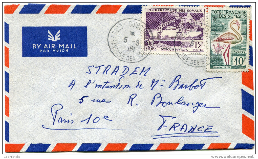 COTE FRANCAISE DES SOMALIS LETTRE PAR AVION DEPART DJIBOUTI 5-8-1961 POUR LA FRANCE - Lettres & Documents