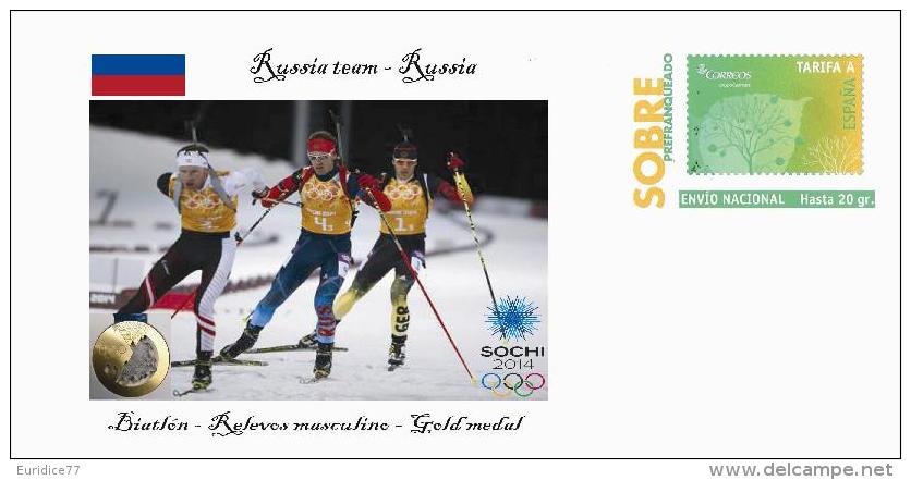 Spain 2014 - XXII Olimpics Winter Games Sochi 2014 Gold Medals Special Prepaid Cover - Biatlon Relevos Masc. Russia Team - Winter 2014: Sotschi